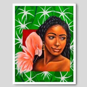 Pintura de "Eva, flora y fauna: Flamingo y cactus de La Guajira" por Yohan Pixone, que representa una mujer con un flamenco sobre un fondo de cactus.
