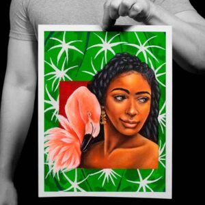 Pintura de "Eva, flora y fauna: Flamingo y cactus de La Guajira" por Yohan Pixone, que representa una mujer con un flamenco sobre un fondo de cactus.