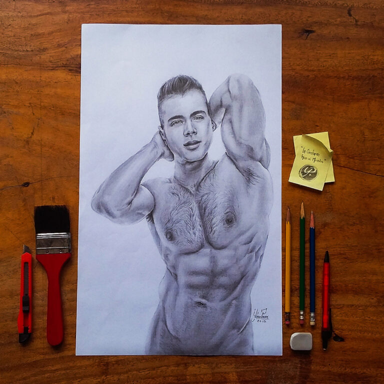 Dibujo en grafito de un hombre musculoso en pose relajada, mostrando su torso y brazos con detalle. Creado por Yohan Pixone.