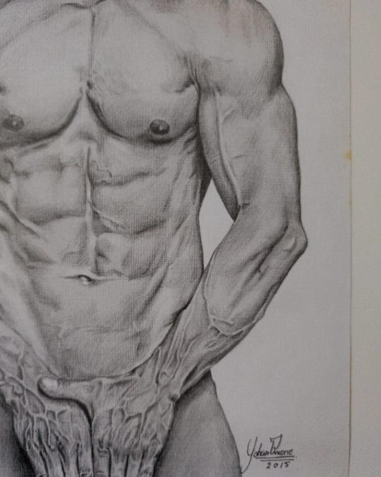 Dibujo realista en lápiz de figura masculina con gran detalle anatómico – obra de Yohan Pixone
