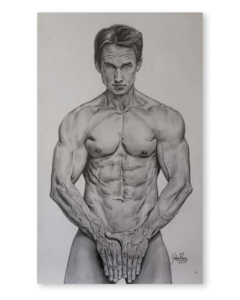 Dibujo realista en lápiz de figura masculina con gran detalle anatómico – obra de Yohan Pixone