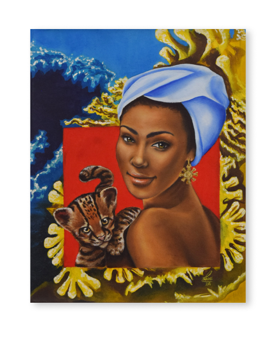 Obra exclusiva Eva, flora y fauna – pintura al óleo y acrílico con tigrillo y corales de Yohan Pixone