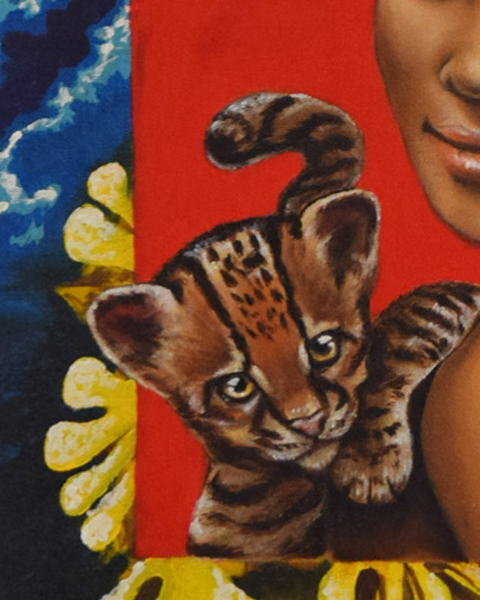 Obra exclusiva Eva, flora y fauna – pintura al óleo y acrílico con tigrillo y corales de Yohan Pixone