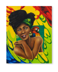 Cuadro original con guacamaya costera y mujer afrocolombiana – arte al óleo de Yohan Pixone