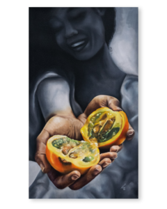 Pintura al óleo hiperrealista con figura femenina y fruta de lulo – obra original de Yohan Pixone - Arte contemporáneo para el hogar