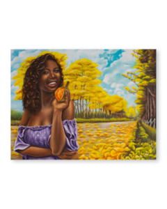 Pintura de arte realista a mano con mujer afrodescendiente, guanábana y bosque dorado – obra de Yohan Pixone