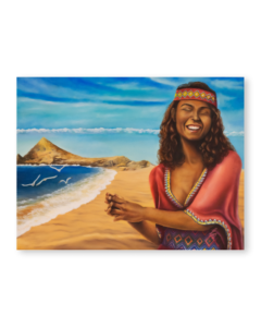 Pintura de arte realista a mano con mujer Wayúu en playa caribeña – obra de Yohan Pixone