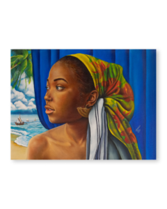 Pintura de arte realista a mano con mujer de San Andrés y paisaje marino – obra de Yohan Pixone