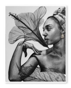 Retrato a mano en grafito de mujer afrodescendiente con flor simbólica – obra de Yohan Pixone