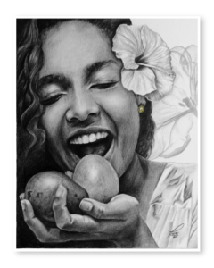 Retrato a mano en grafito de mujer afrodescendiente comiendo mango con flor de cayena – obra de Yohan Pixone