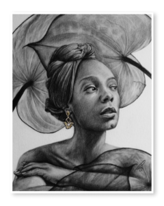 Retrato a mano en grafito de mujer caribeña con flores de cala y aretes tayrona – obra de Yohan Pixone