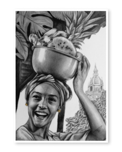 Retrato a mano en grafito de mujer palenquera con palenca en Cartagena – obra de Yohan Pixone
