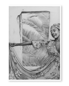 Retrato a mano en grafito de mujer caribeña bailando cumbia con pollera – obra de Yohan Pixone