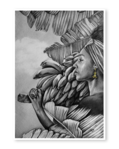 Retrato a mano en grafito de mujer caribeña cargando plátanos – obra de Yohan Pixone