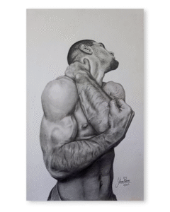 Dibujo realista en lápiz de hombre desnudo en giro dinámico, grafito sobre papel – obra de Yohan Pixone