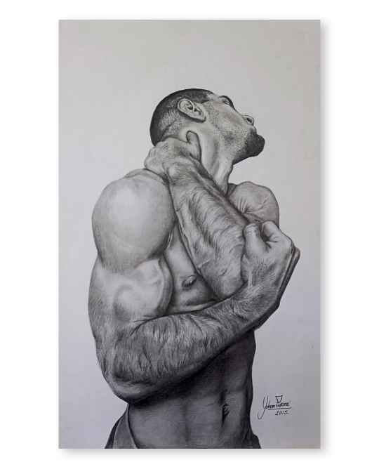 Dibujo realista en lápiz de hombre desnudo en giro dinámico, grafito sobre papel – obra de Yohan Pixone