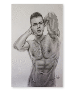 Dibujo realista en lápiz de hombre relajado con manos en la cabeza, grafito sobre papel – obra de Yohan Pixone