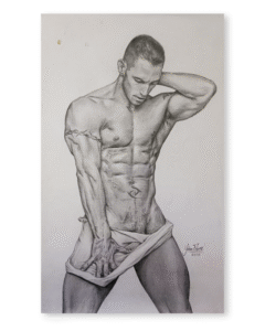 Dibujo realista en lápiz de hombre desnudo con tela en manos, grafito sobre papel – obra de Yohan Pixone