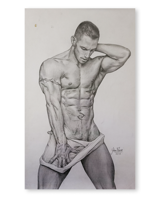 Dibujo realista en lápiz de hombre desnudo con tela en manos, grafito sobre papel – obra de Yohan Pixone