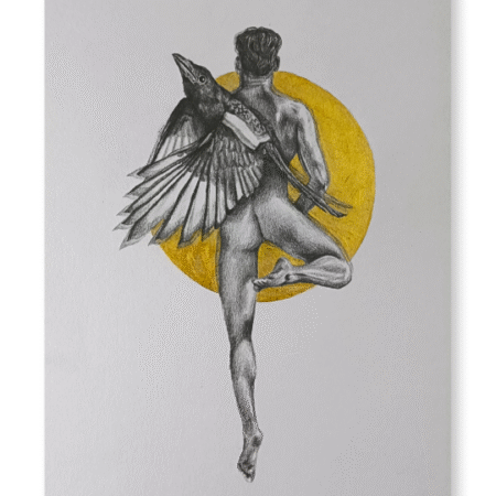 Dibujo realista en lápiz y dorado de hombre desnudo con aureola, postura dinámica – obra de Yohan Pixone