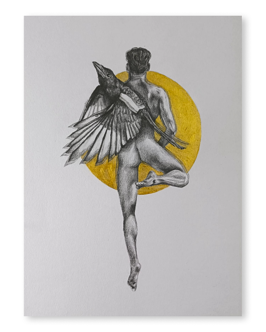 Dibujo realista en lápiz y dorado de hombre desnudo con aureola, postura dinámica – obra de Yohan Pixone