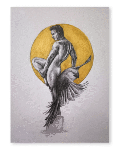 Dibujo realista en lápiz y dorado de hombre ascendente con ave en vuelo, fondo dorado – obra de Yohan Pixone