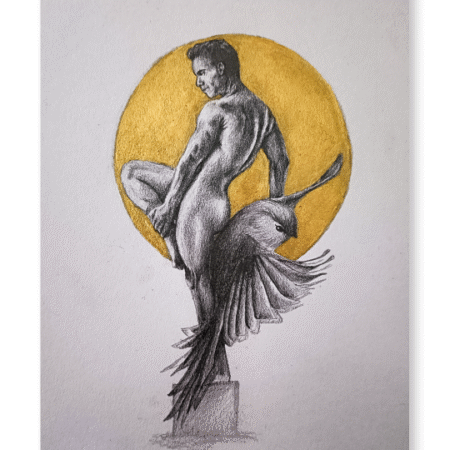Dibujo realista en lápiz y dorado de hombre ascendente con ave en vuelo, fondo dorado – obra de Yohan Pixone