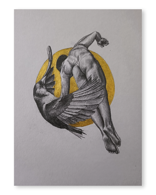 Dibujo realista en lápiz y dorado de hombre de espaldas en postura dinámica con ave, fondo dorado – obra de Yohan Pixone