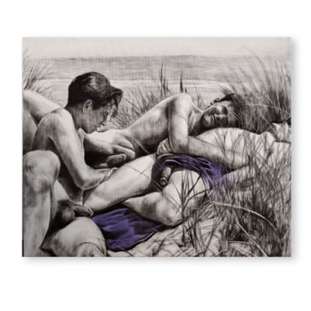 Pintura contemporánea de tres hombres desnudos en una playa, con tela morada simbolizando serenidad – obra de Yohan Pixone