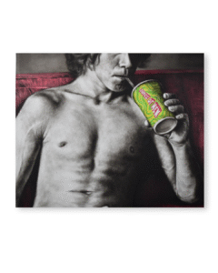 Pintura al óleo de figura masculina bebiendo con intervención de color verde y rosa, obra Consumo contenido de Yohan Pixone