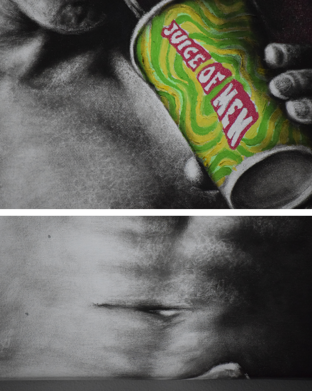 Pintura al óleo de figura masculina bebiendo con intervención de color verde y rosa, obra Consumo contenido de Yohan Pixone