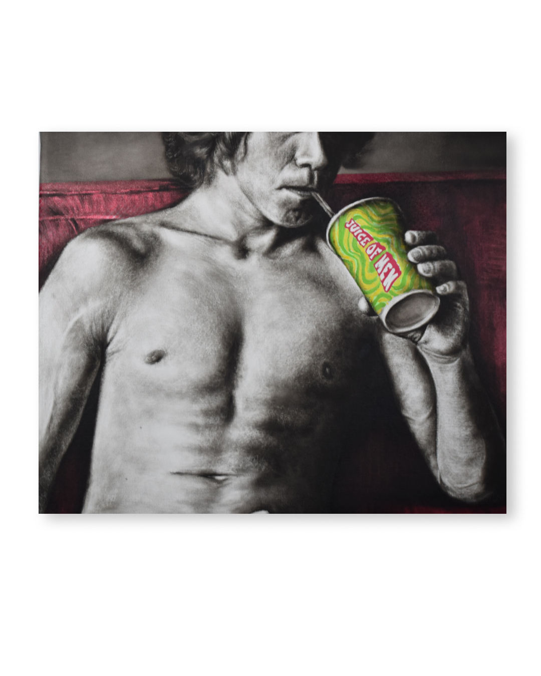 Pintura al óleo de figura masculina bebiendo con intervención de color verde y rosa, obra Consumo contenido de Yohan Pixone