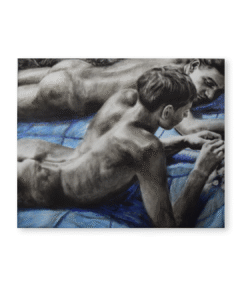 Pintura al óleo de dos figuras humanas en escena íntima con intervención de color, obra Antes de decir de Yohan Pixone