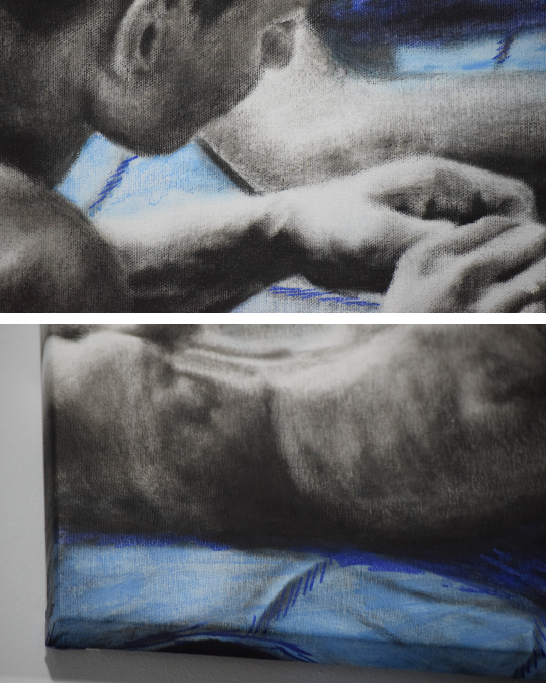 Pintura al óleo de dos figuras humanas en escena íntima con intervención de color, obra Antes de decir de Yohan Pixone