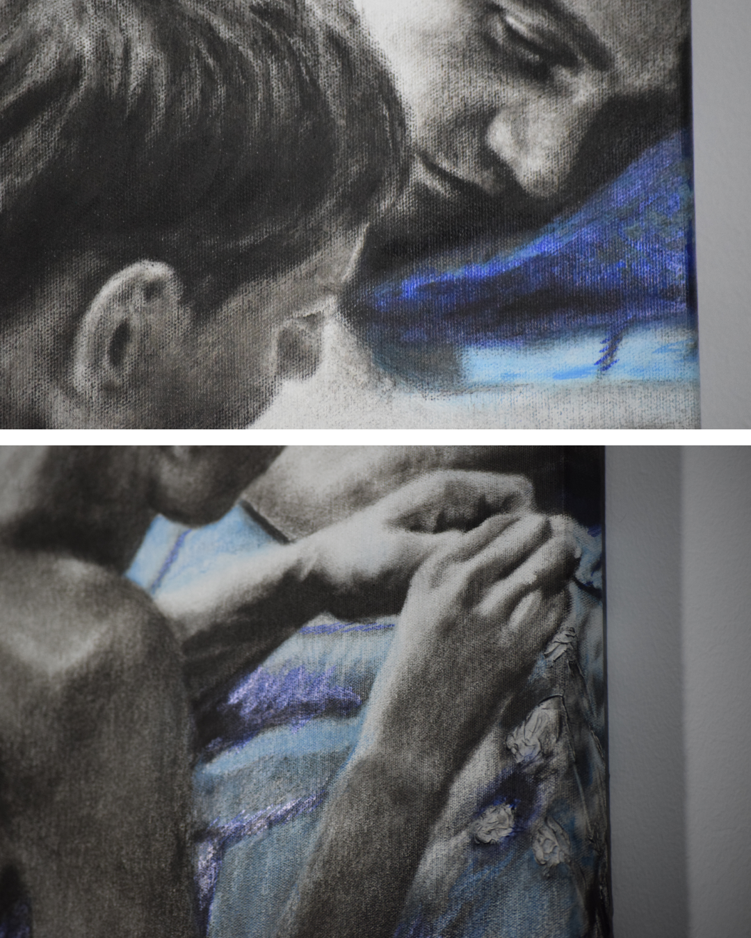 Pintura al óleo de dos figuras humanas en escena íntima con intervención de color, obra Antes de decir de Yohan Pixone