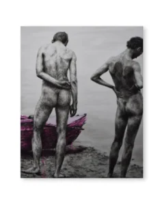 Pintura al óleo de dos figuras humanas en paisaje con intervención de color rosa, obra Cuando pesa el silencio de Yohan Pixone