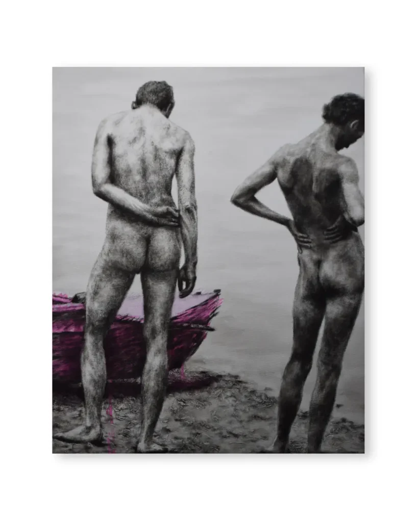 Pintura al óleo de dos figuras humanas en paisaje con intervención de color rosa, obra Cuando pesa el silencio de Yohan Pixone
