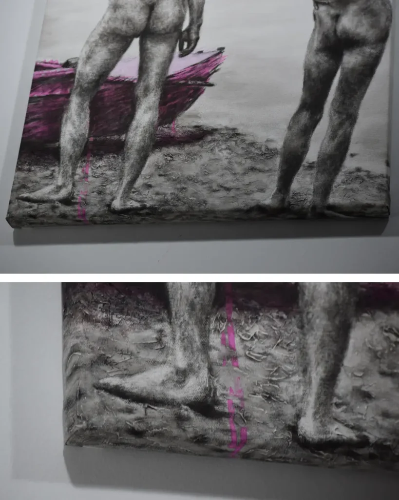 Pintura al óleo de dos figuras humanas en paisaje con intervención de color rosa, obra Cuando pesa el silencio de Yohan Pixone