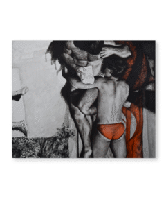 Pintura al óleo de dos figuras humanas en escena íntima con intervención de color cálido, obra Presencia compartida de Yohan Pixone