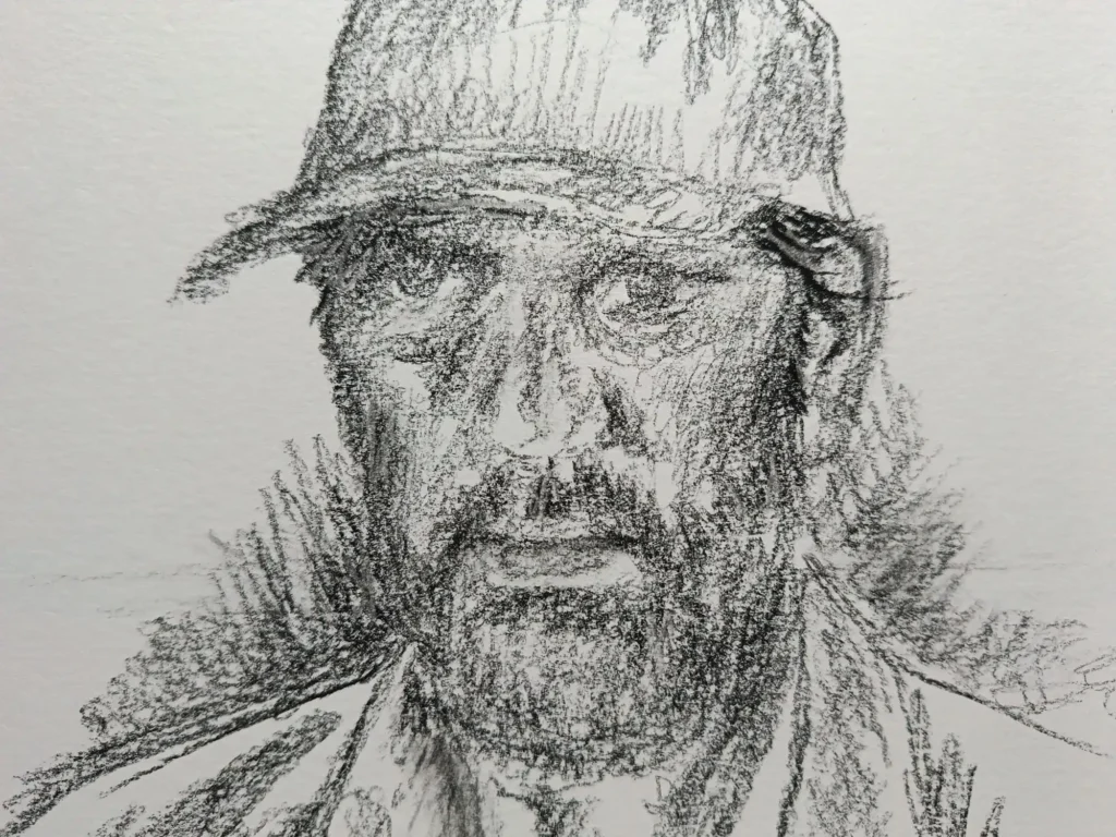 Dibujo de rostro en proceso dentro del laboratorio de rostros de Yohan Pixone, explorando una presencia ausente y una mirada contenida.