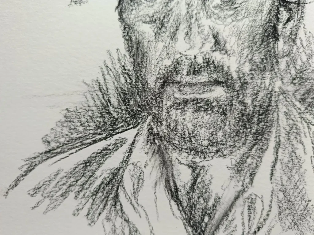 Dibujo de rostro en proceso dentro del laboratorio de rostros de Yohan Pixone, explorando una presencia ausente y una mirada contenida.