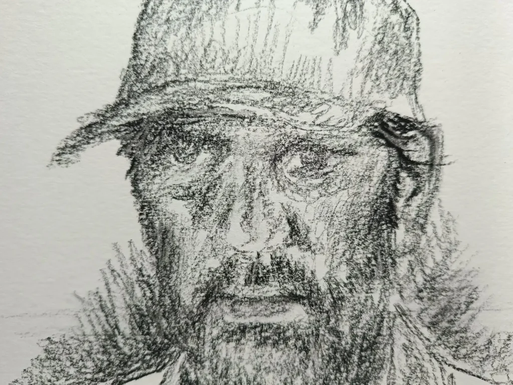 Dibujo de rostro en proceso dentro del laboratorio de rostros de Yohan Pixone, explorando una presencia ausente y una mirada contenida.