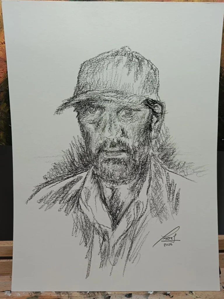 Dibujo de rostro en proceso dentro del laboratorio de rostros de Yohan Pixone, explorando una presencia ausente y una mirada contenida.