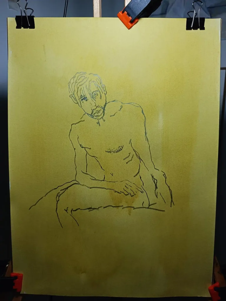 Estudio de figura masculina reducida de Yohan Pixone, con mancha, blanco acrílico y rojo como intervención de color.