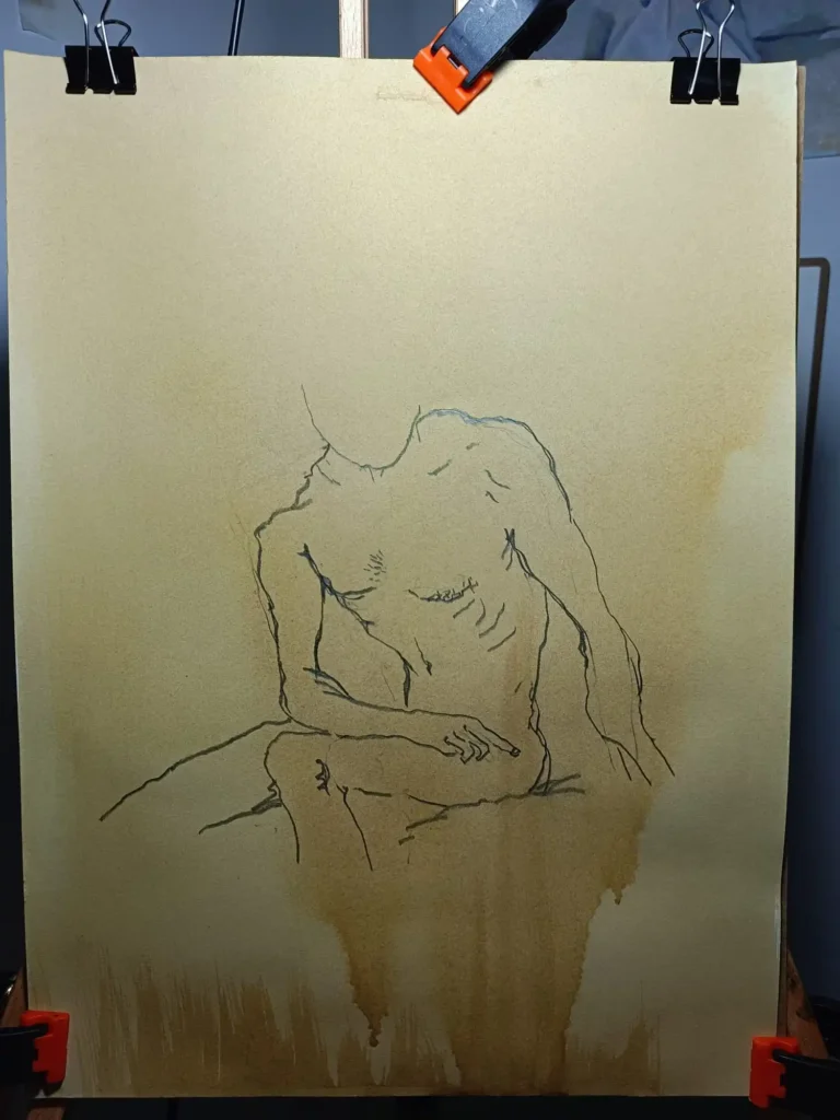 Estudio de figura masculina reducida de Yohan Pixone, con mancha, blanco acrílico y rojo como intervención de color.
