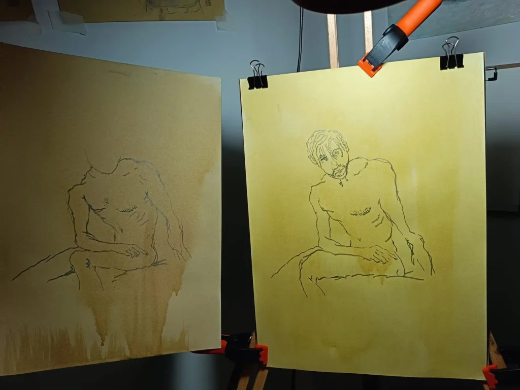 Estudio de figura masculina reducida de Yohan Pixone, con mancha, blanco acrílico y rojo como intervención de color.