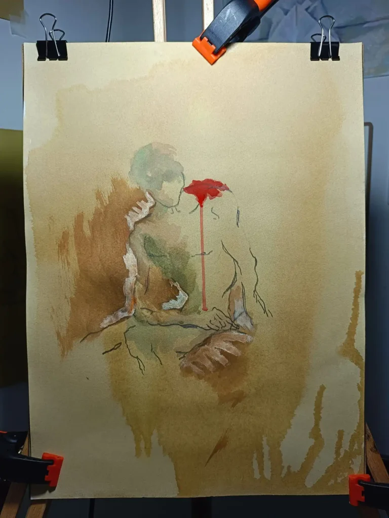 Estudio de figura masculina reducida de Yohan Pixone, con mancha, blanco acrílico y rojo como intervención de color.