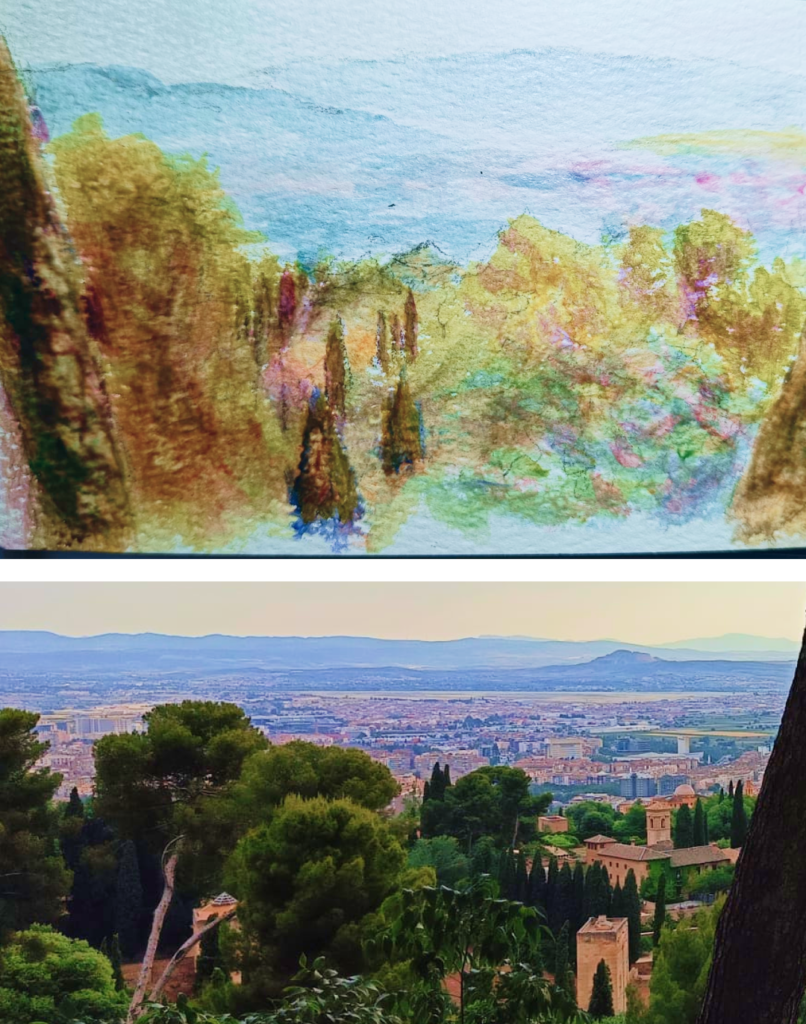 Detalle de acuarela de Yohan Pixone con vista de la Alhambra, explorando color, contraste simultáneo y goma arábiga.