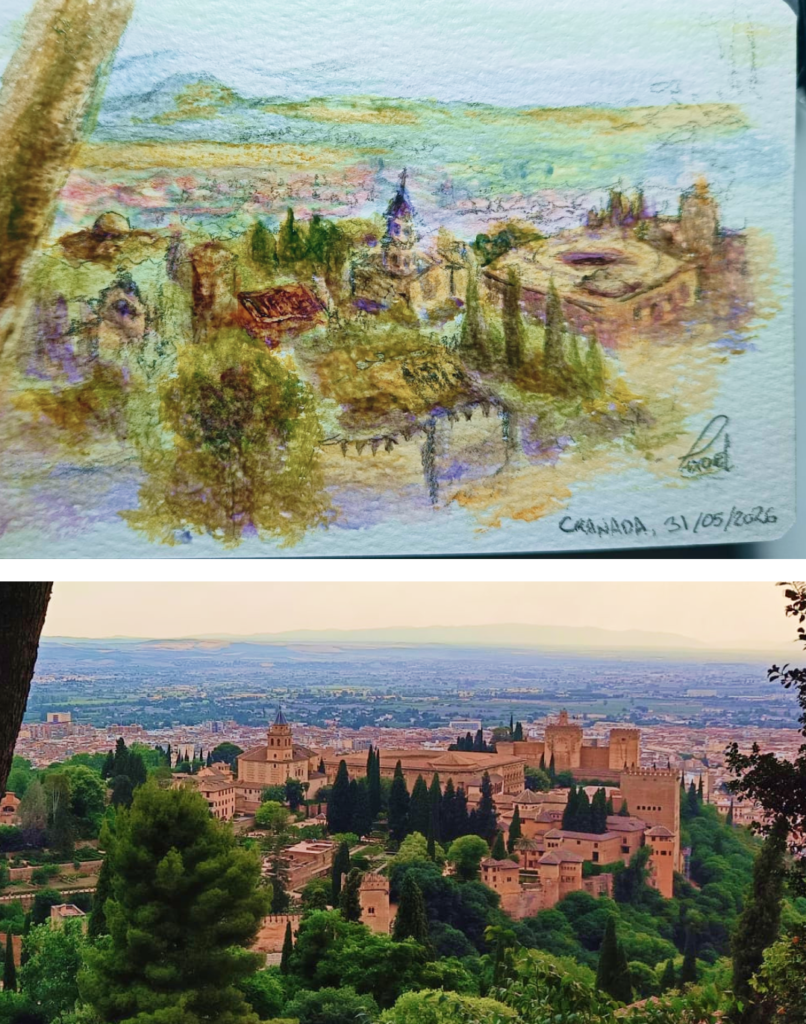 Detalle de acuarela de Yohan Pixone con vista de la Alhambra, explorando color, contraste simultáneo y goma arábiga.