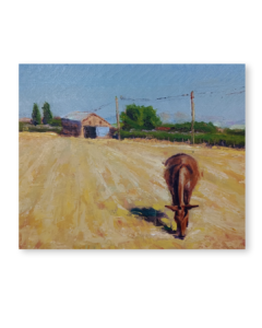 Detalle de paisaje en una pintura de Yohan Pixone, con campo seco, verdes y atmósfera rural en Las Gabias.